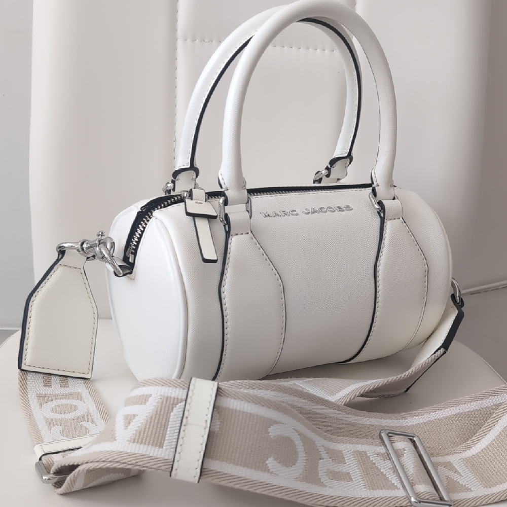 Marc Jacobs White Barrel Satchel with Silver Hardware and Crossbody Strap